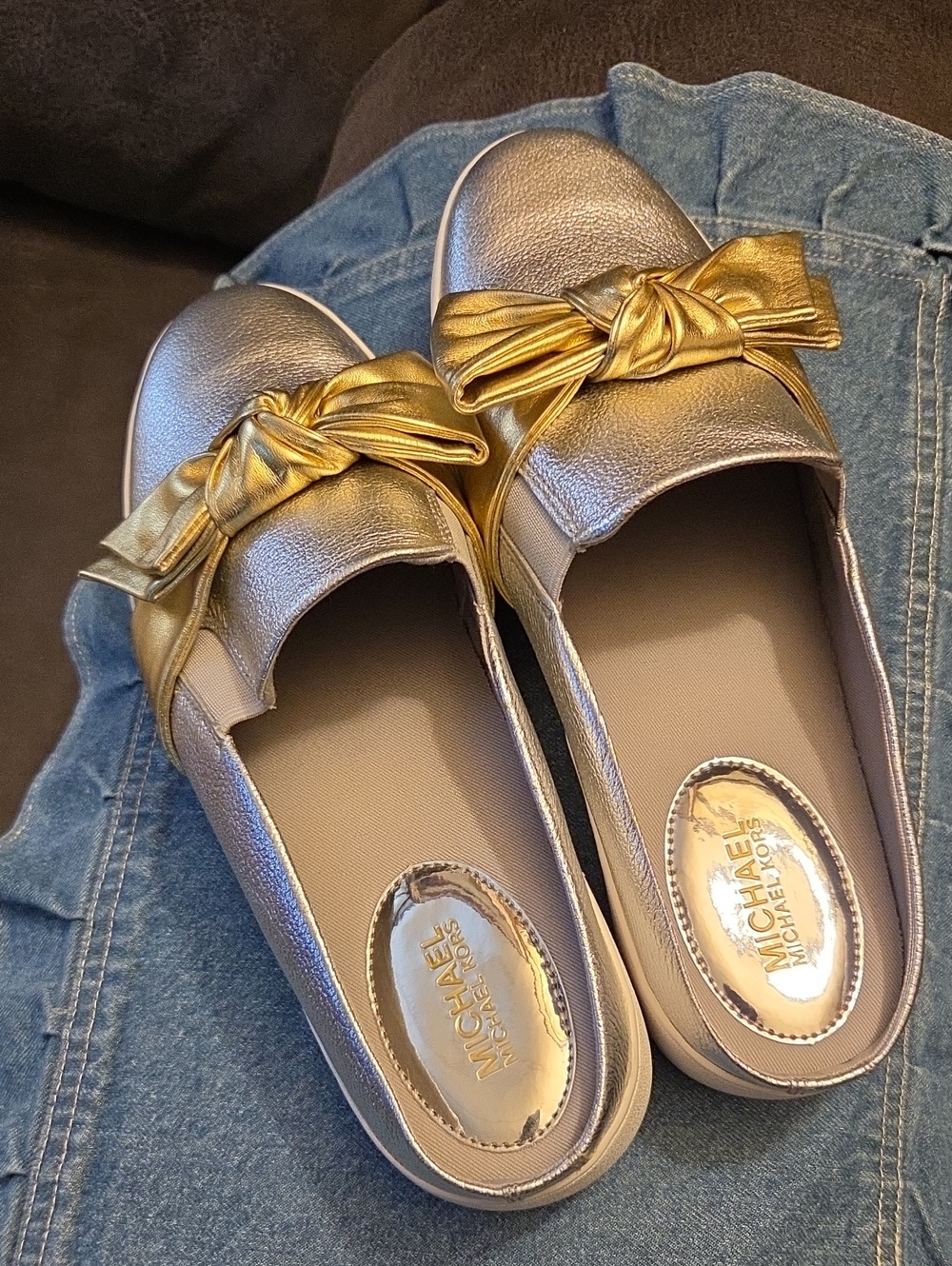 MICHAEL Michael Kors Gold&Silver Leather Metallic Knot Slip-On Mules,NEW.